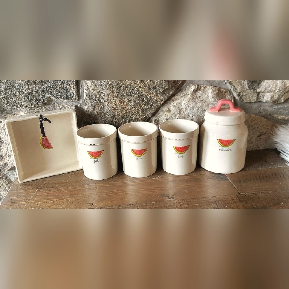 Rae dunn Watermelon set napkin fork spoon knife canister